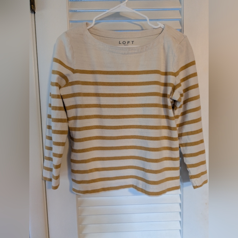 Ann Taylor Loft Medium Cream And Tan Striped Shirt Long Sleeve Cotton Euc